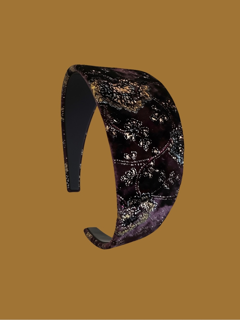 Padded Velvet Headband with Metallic Floral Embroidery - Purple
